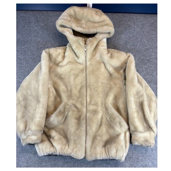 VINTAGE Donnybrook Faux Fur Jacket Womens Medium Beige Plush Hooded Gorpcore - Picture 1 of 9